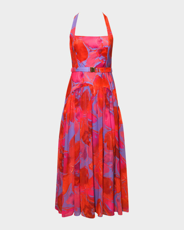 Aza Pleated Floral-Print Halter Maxi Dress